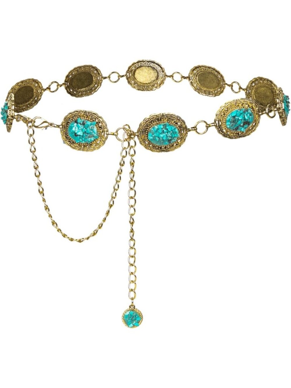 Retro Gold Metal Waist Chain with Turquoise Stone - Women's Punk Western Belt